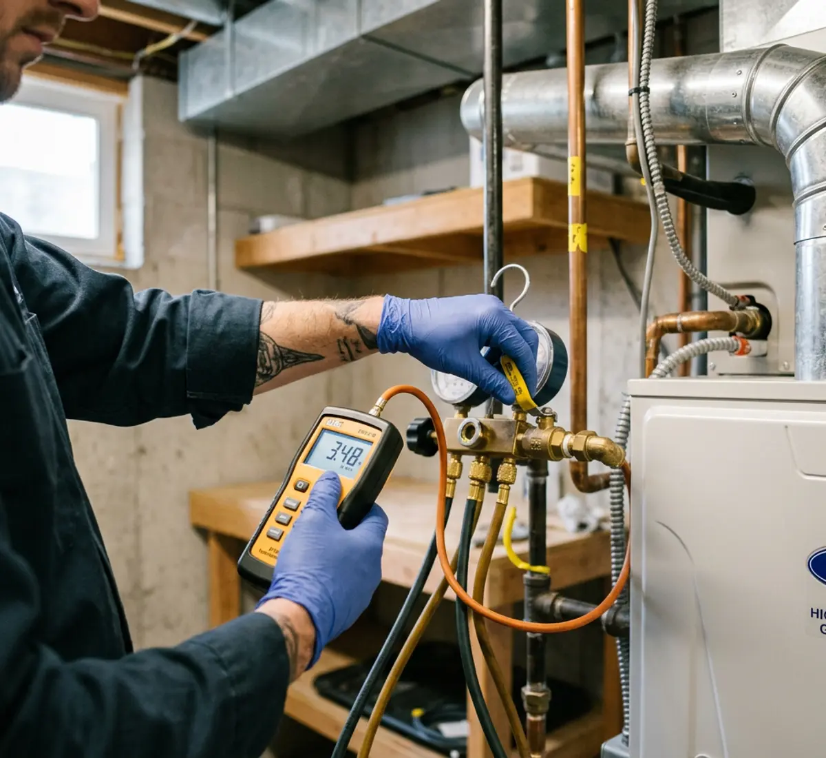 Apple Tree technician testing gas pressure on a high-efficiency gas furnace