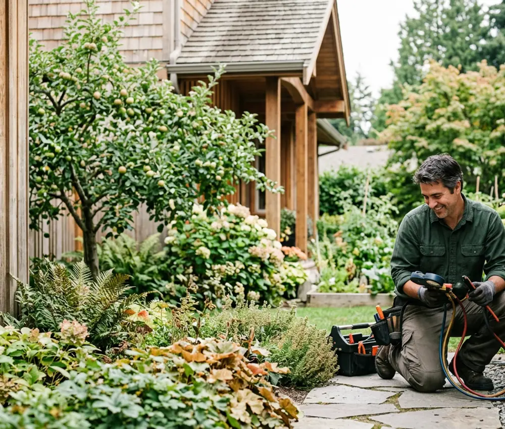 Apple Tree technician servicing a heat pump beside a Delta, BC home